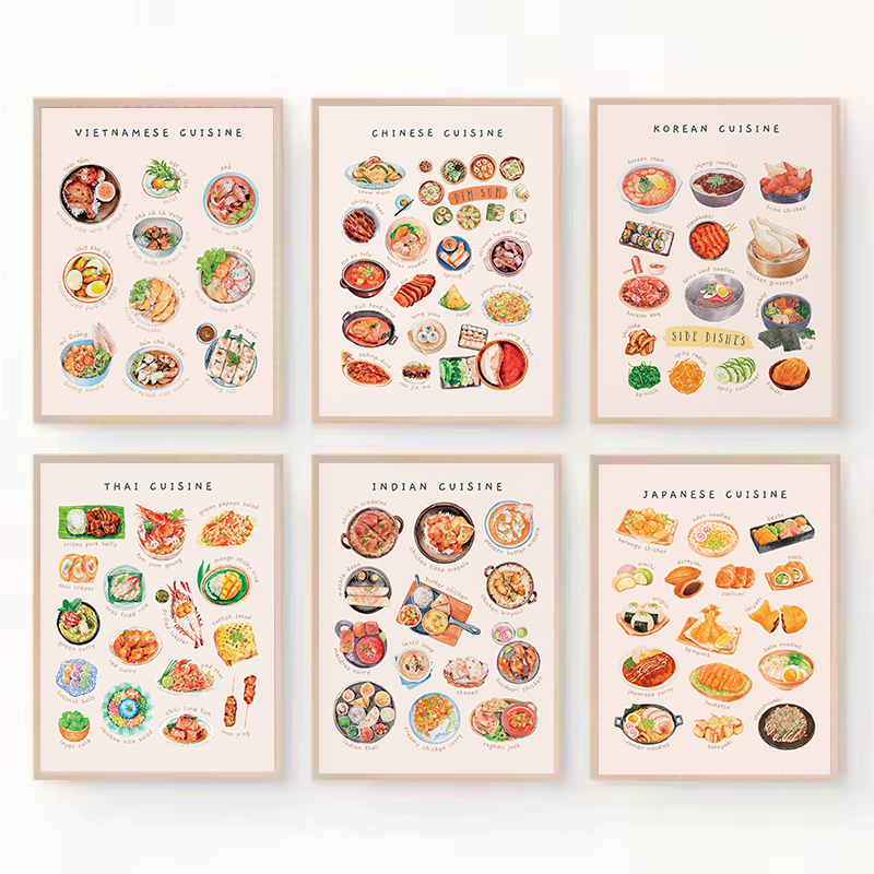 Home Cooking Asian - Watercolor Asian Cuisines Classic Kitchen Food