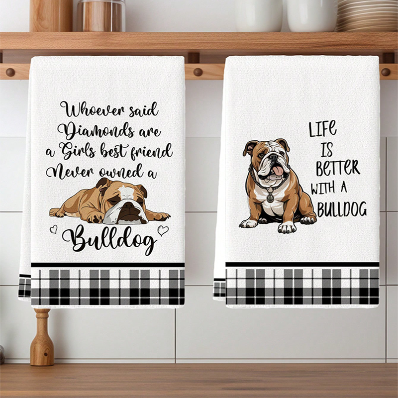 Home Cooking Quotes - 2Pcs, Bulldog Cute Quotes Kitchen Towels,